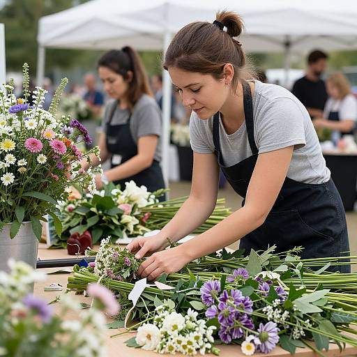 Photograph of a young woman with brown hair in a bun, wearing a gray shirt and black apron, arranging colorful floral bouquets at an outdoor