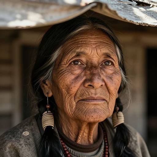 Close-up photograph of an elderly Native American woman with deep wrinkles, dark brown skin, long black hair in braids, and traditional bead necklace, standing