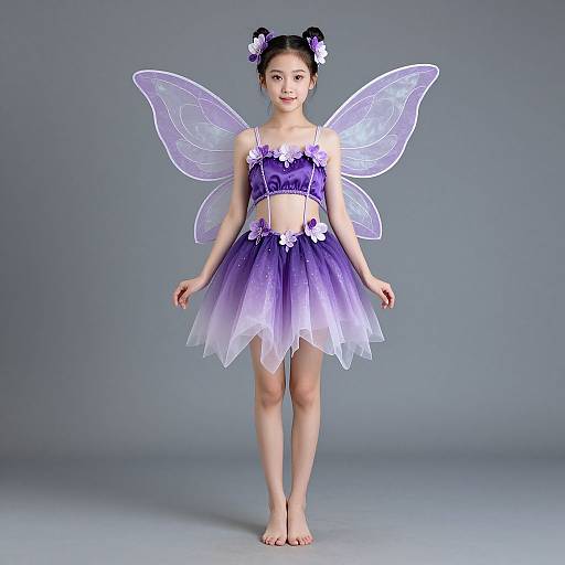 Photograph of an Asian girl with dark hair in butterfly-themed outfit, wearing a purple tulle dress, white flower accents, and translucent fairy wings,