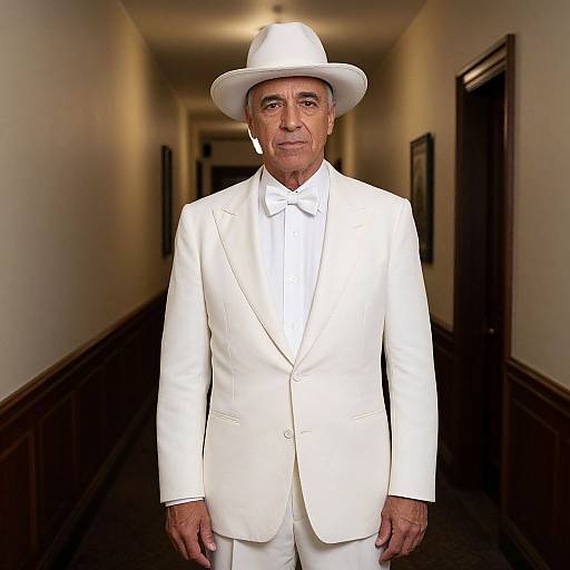 Elderly man with medium brown skin, white suit, bow tie, and white hat stands in a dimly lit hallway. Photographic image.