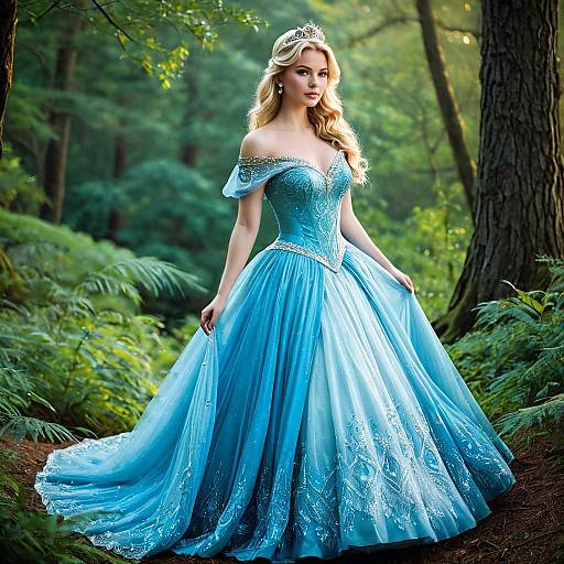 Woman in Blue Princess Gown in Forest