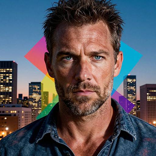 Photograph of a ruggedly handsome, bearded man with blue eyes, wearing a denim shirt, against a city skyline with colorful geometric shapes in the