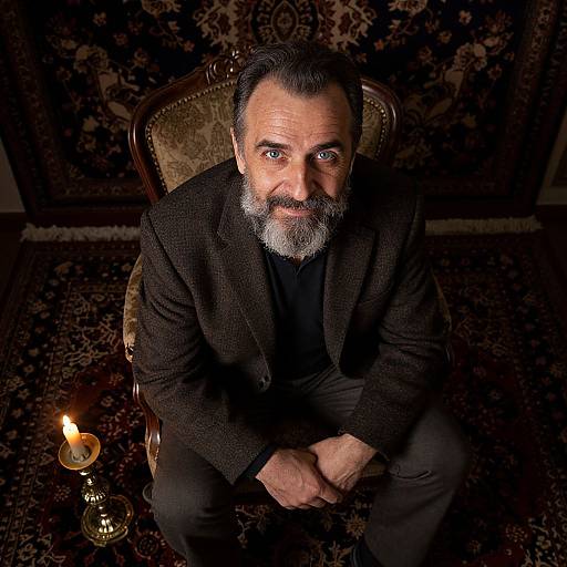 Photograph of a middle-aged man with a graying beard, dark hair, wearing a black blazer, seated on an ornate chair, looking