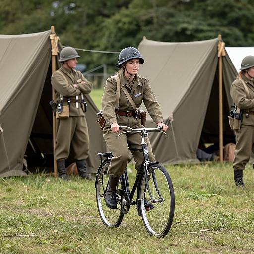 Photograph of a young woman in WWII-era military uniform riding a black bicycle in a grassy field with two soldiers in tents in the background.