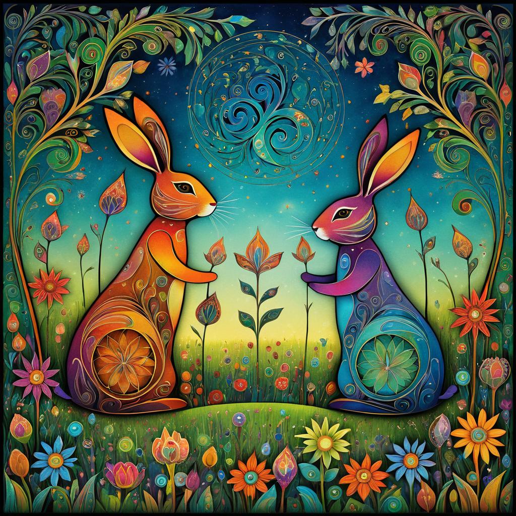 Whimsical Rabbits in Colorful Meadow