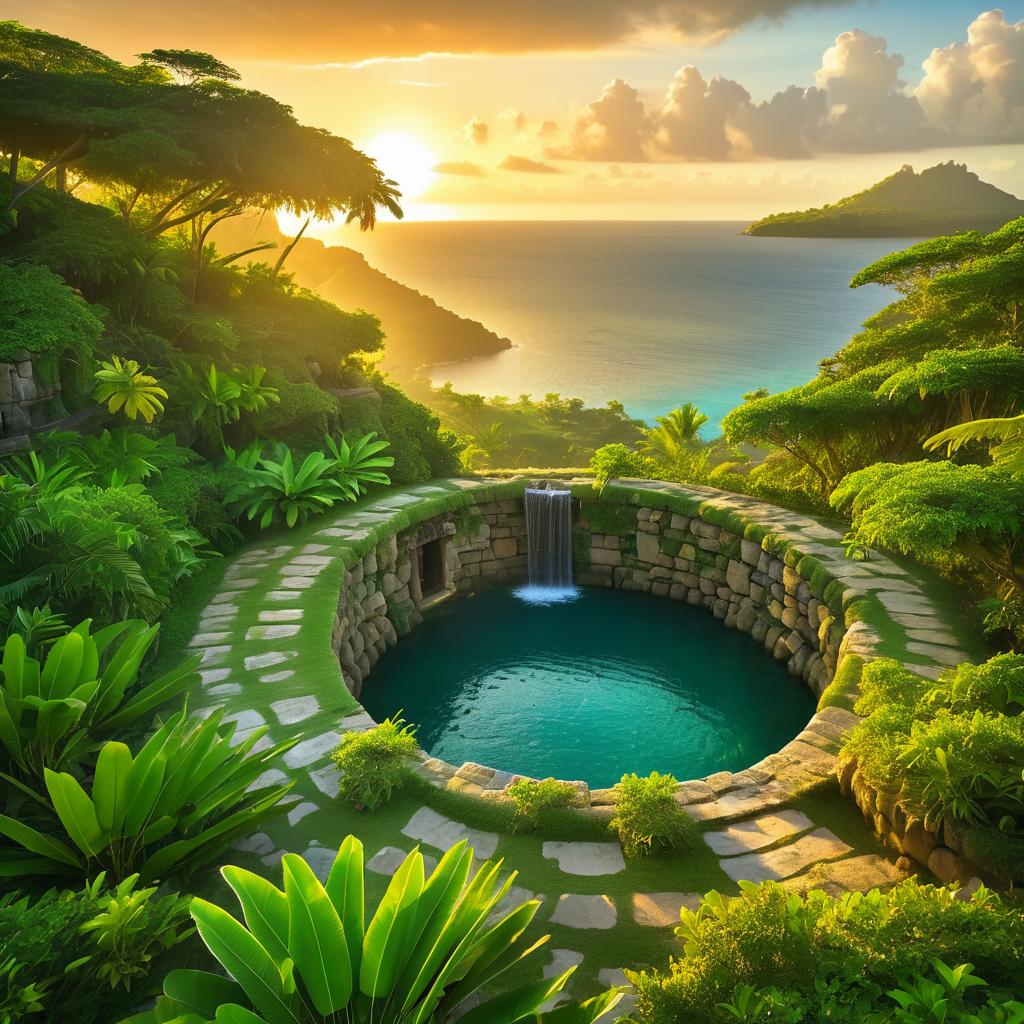 Majestic Island with Ancient Well at Sunset