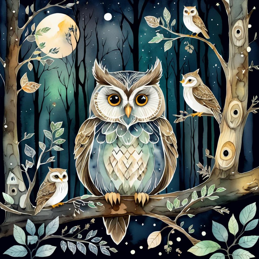 Whimsical Owl Feast in Moonlit Forest