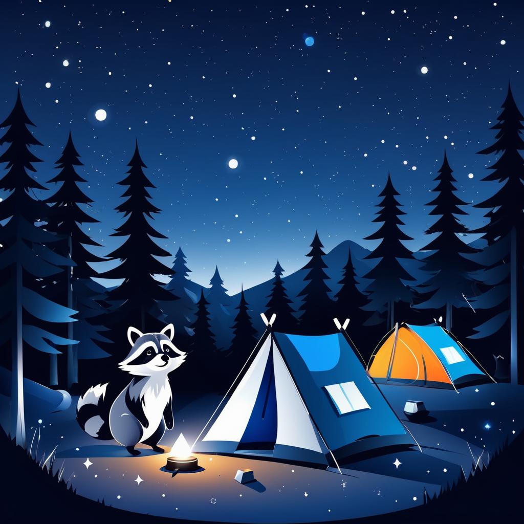 Curious Raccoon at a Starry Campsite