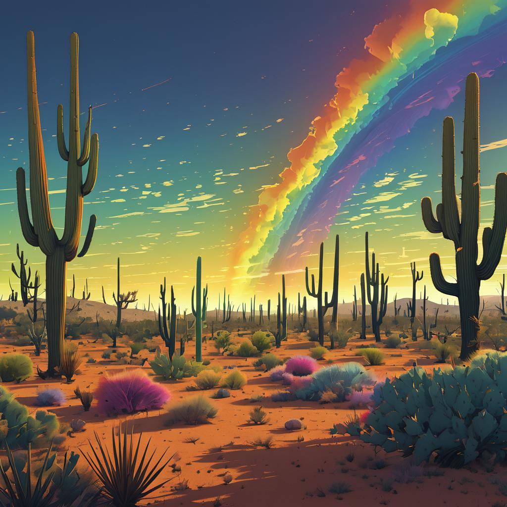 Surreal Cactus Wasteland with Rainbows