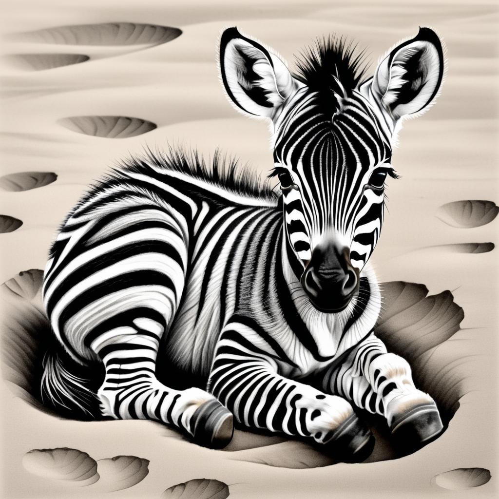 Detailed Black and White Zebra Foal Sketch