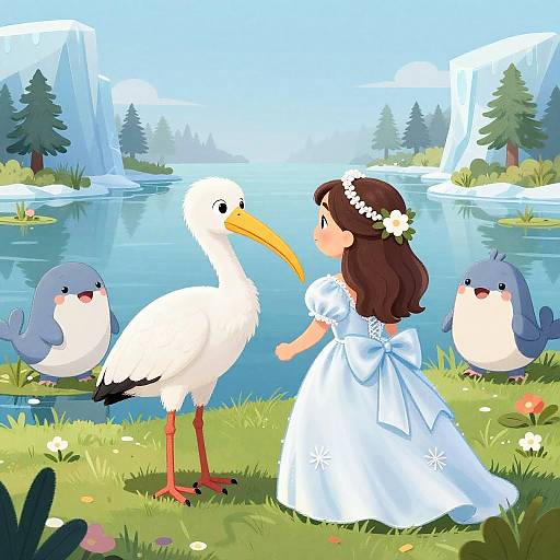 Cartoon-style illustration of a girl in a white dress with flower crown, watching three birds by a serene mountain lake.