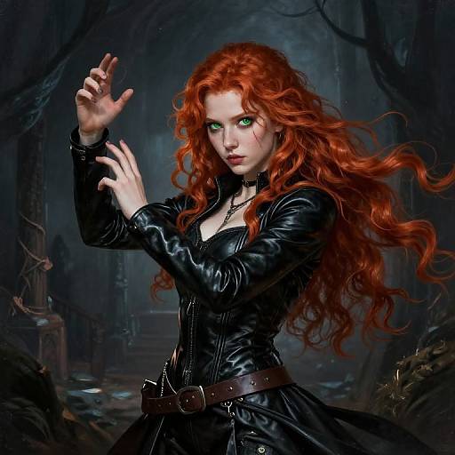 Digital painting of a fierce, red-haired woman with green eyes, in a black leather dress, casting a spell in a dark, eerie forest.