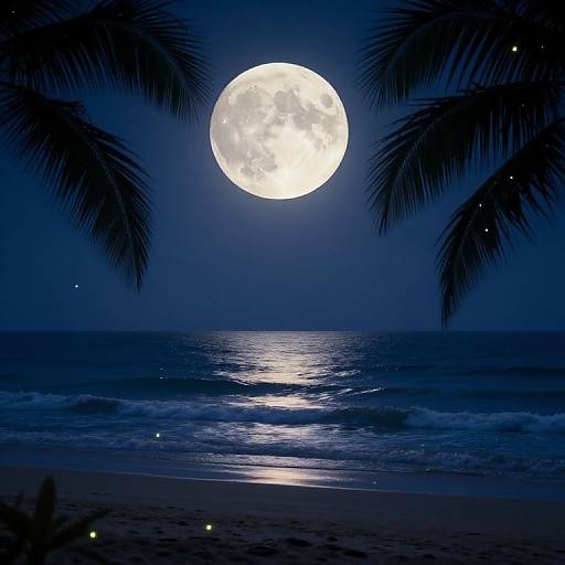 Photograph of a full moon over a dark blue ocean, silhouetted by palm fronds, with reflected light on the waves.