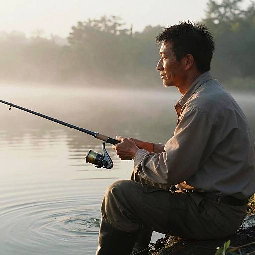 Serene Fisherman at Misty Dawn