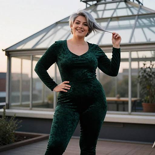 Confident Plus-Size Woman in Velvet Jumpsuit