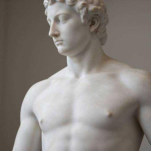 Photograph of a classical marble statue depicting a nude, muscular male figure with curly hair, gazing downward, against a gray background.