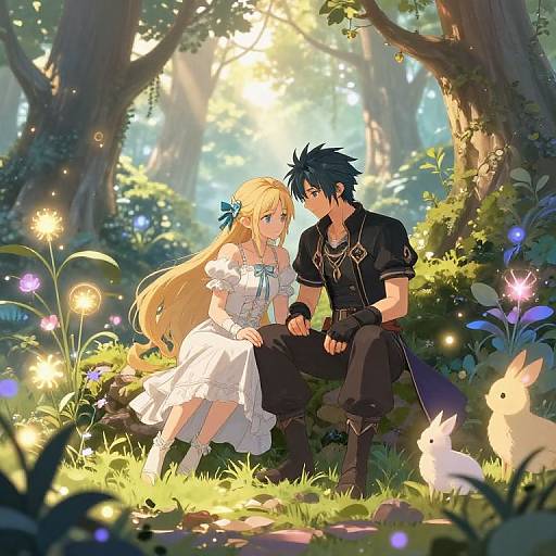 Digital anime artwork of a blonde, blue-eyed girl in a white dress and a black-haired, brown-eyed boy in a black shirt, sitting in a