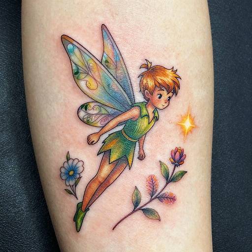 Colorful tattoo of a fairy with orange hair, green tunic, and translucent wings, flying above flowers and a glowing star.