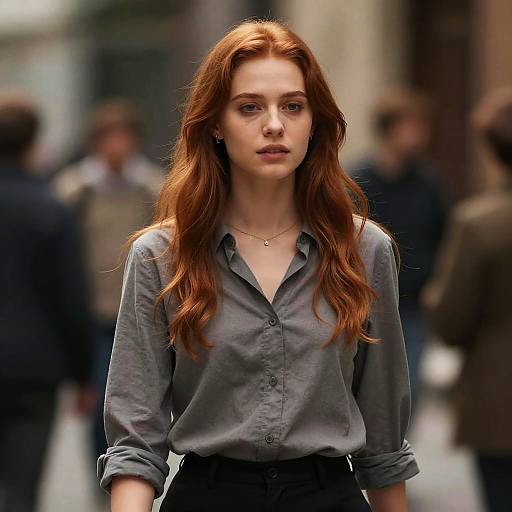 Photograph of a red-haired woman with long, wavy hair wearing a gray button-up shirt and black pants, standing in a blurred, urban street