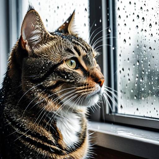 Detailed Cat in Rainy Windowsill Watercolor
