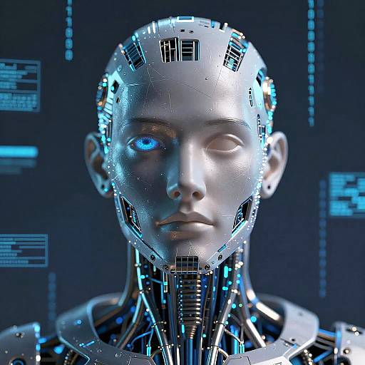 CGI image of a futuristic, cybernetic human face with one blue eye and one closed eye, featuring glowing circuitry and metallic textures against a