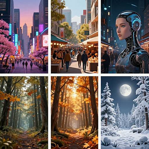 Photographic collage: vibrant neon city, bustling market, futuristic android woman, autumn forest, winter forest with moon, contrasting urban and natural landscapes.