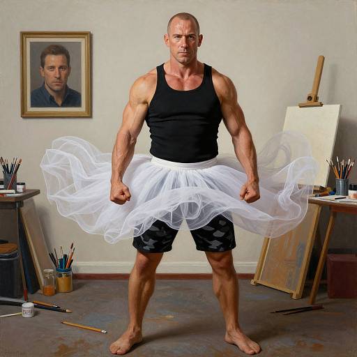 Muscular bald man in black tank top and black camo shorts, wearing a white tutu, stands confidently in an artist's studio.