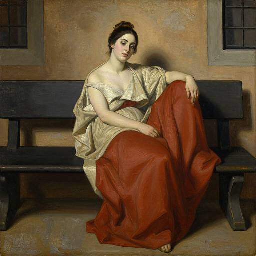Baroque-style painting of a pale-skinned woman with dark hair, wearing a gold and red draped gown, seated on a black bench.