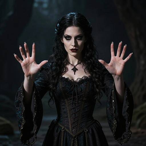 Photograph of a pale, dark-haired woman with gothic makeup, wearing a black lace corset dress, hands raised, in a dimly lit