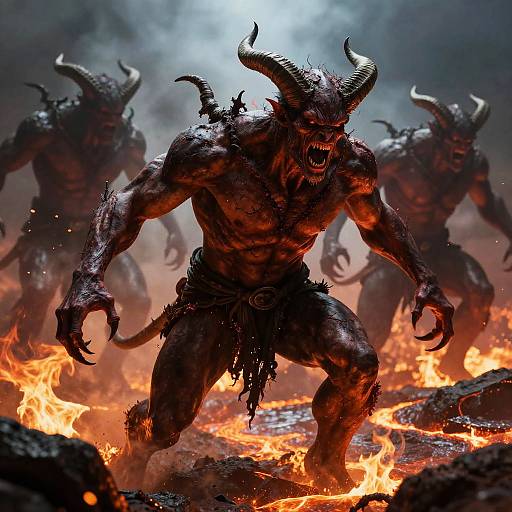 Digital art of a muscular, horned demon with sharp teeth and spiked armor, standing amidst fiery lava and smoke, flanked by shadowy, horn