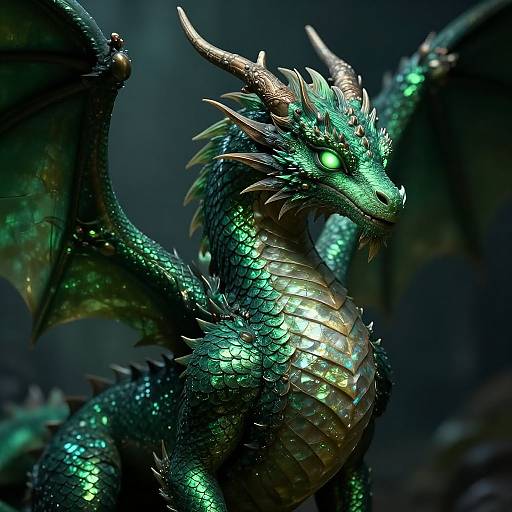 Photorealistic CGI of a glowing green and gold dragon with shimmering scales, sharp horns, and piercing eyes, set against a dark, blurred forest