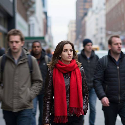 Photograph of a focused woman with brown hair, red scarf, black jacket, walking in a blurred city street with blurred, diverse pedestrians.