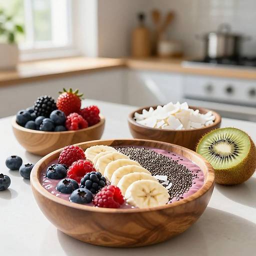 Photograph of a wooden bowl with purple smoothie, banana slices, blueberries, raspberries, blackberries, and chia seeds, on a sun