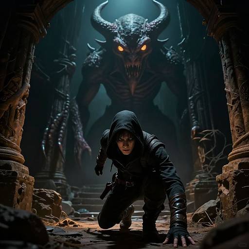 Dark fantasy artwork: Hooded, crouching assassin in black gear confronts glowing-eyed, horned demon in ruins under blue light. Dramatic