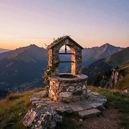 Sunset Landscape with Ancient Stone Well