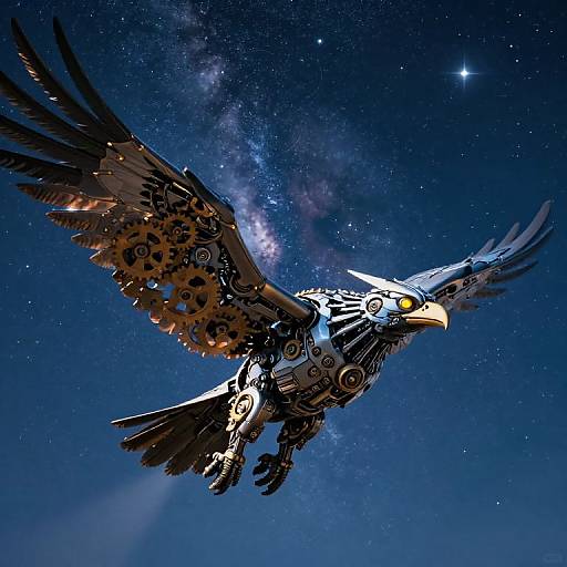 Digital illustration of a cybernetic eagle with glowing yellow eyes, intricate mechanical wings, soaring through a starry night sky with the Milky Way.