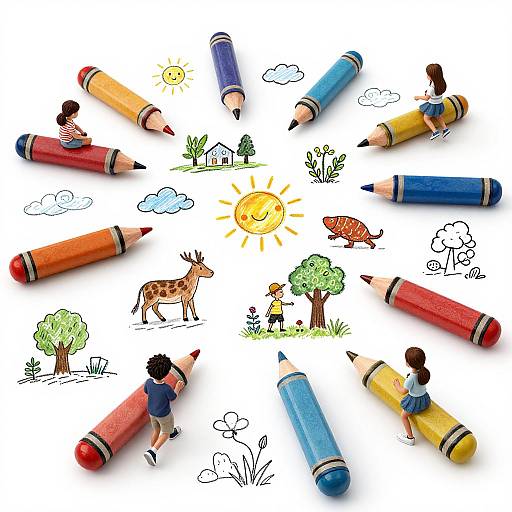 Photograph of colorful crayons arranged in a circle, each with child drawings of a sunny day, including trees, clouds, animals, and people,