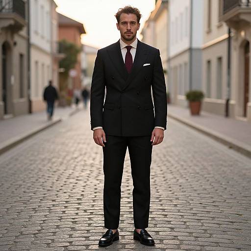 Photograph of a tall, handsome man with curly brown hair and beard, wearing a black suit, white shirt, red tie, standing on a cob