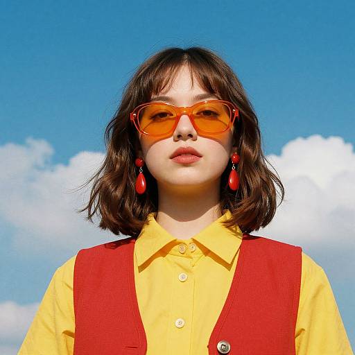 Photograph of a young woman with shoulder-length brown hair, wearing orange sunglasses, red earrings, yellow shirt, and red vest, against a bright blue