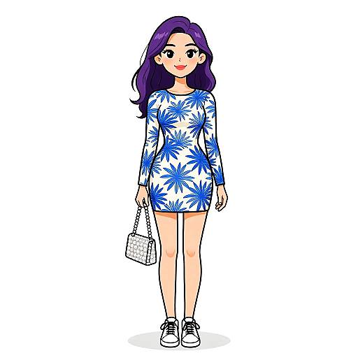 Digital illustration of a young woman with purple hair, wearing a blue floral dress, white sneakers, and a polka-dot purse.