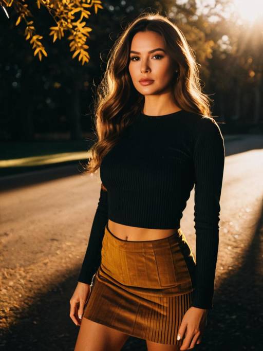 Woman in Black Crop Top and Tan Suede Mini Skirt Outdoors