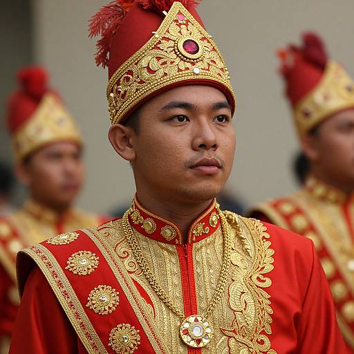 Photograph of an Asian man in traditional red and gold ornate military uniform with red feathered hat, standing in a blurred background with similarly dressed individuals