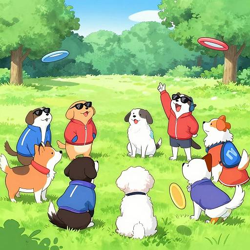 Colorful digital illustration of seven anthropomorphic dogs playing Frisbee in a sunny, green park. Dogs wear jackets, backpacks, and sunglasses,