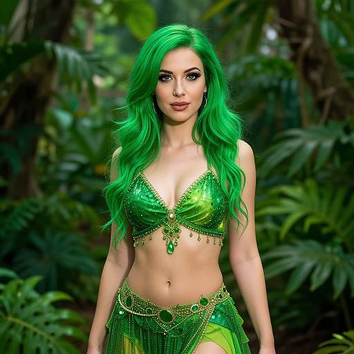 Photorealistic digital artwork of a woman with vibrant green hair, wearing a shimmering green bikini top and matching fringe skirt, standing in a lush jungle