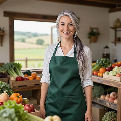 Photograph of a smiling woman with long gray hair, wearing a green apron over a white blouse, standing in a bright, rustic farm market with