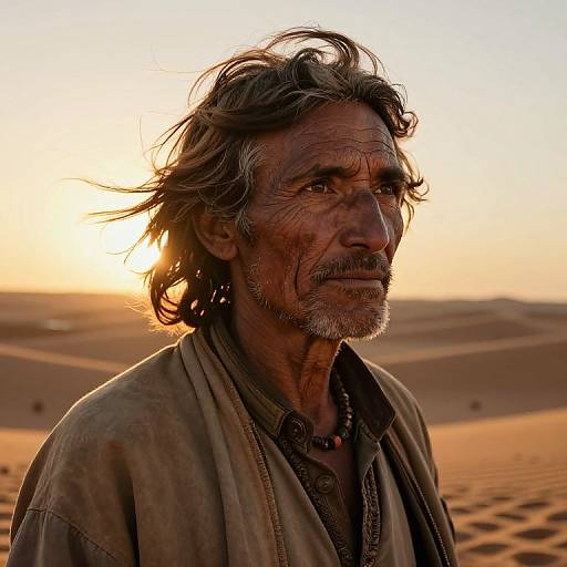 Photograph of a weathered, middle-aged man with tousled gray hair and beard, wearing a worn, brown shirt, standing in a sunlit