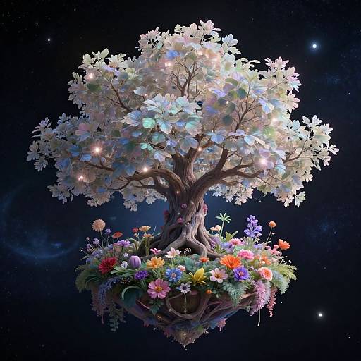 Digital artwork of a glowing, ethereal tree with white blossoms, floating in space, surrounded by vibrant, floating flowers and twinkling lights.