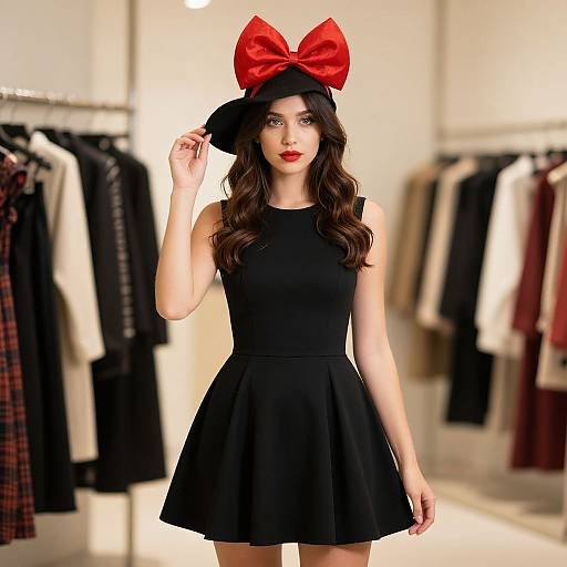 Photograph of a fair-skinned woman with long brown hair, wearing a black sleeveless dress, red bow hat, and red lipstick, standing in