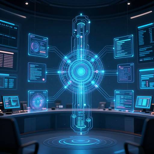 Digital futuristic control room with glowing blue holographic interface centered, surrounded by monitors displaying data, in a dark, curved environment.