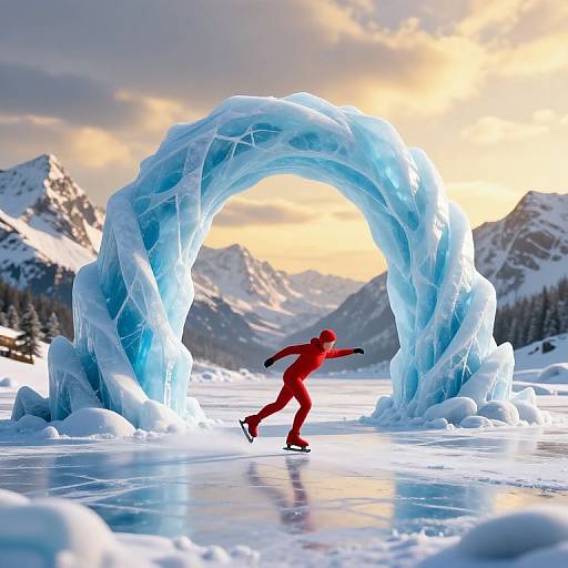 Photorealistic CGI of a red-clad figure skating through an icy blue archway in a snowy mountain landscape at sunset.